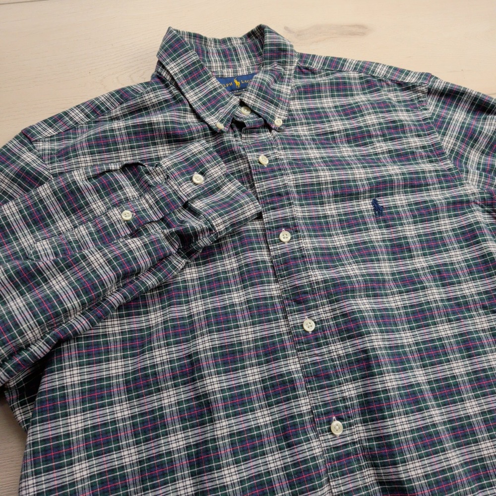 Ralph Lauren Shirt Mens L Plaid Button Down Green Blue Long Sleeve Pony Classic